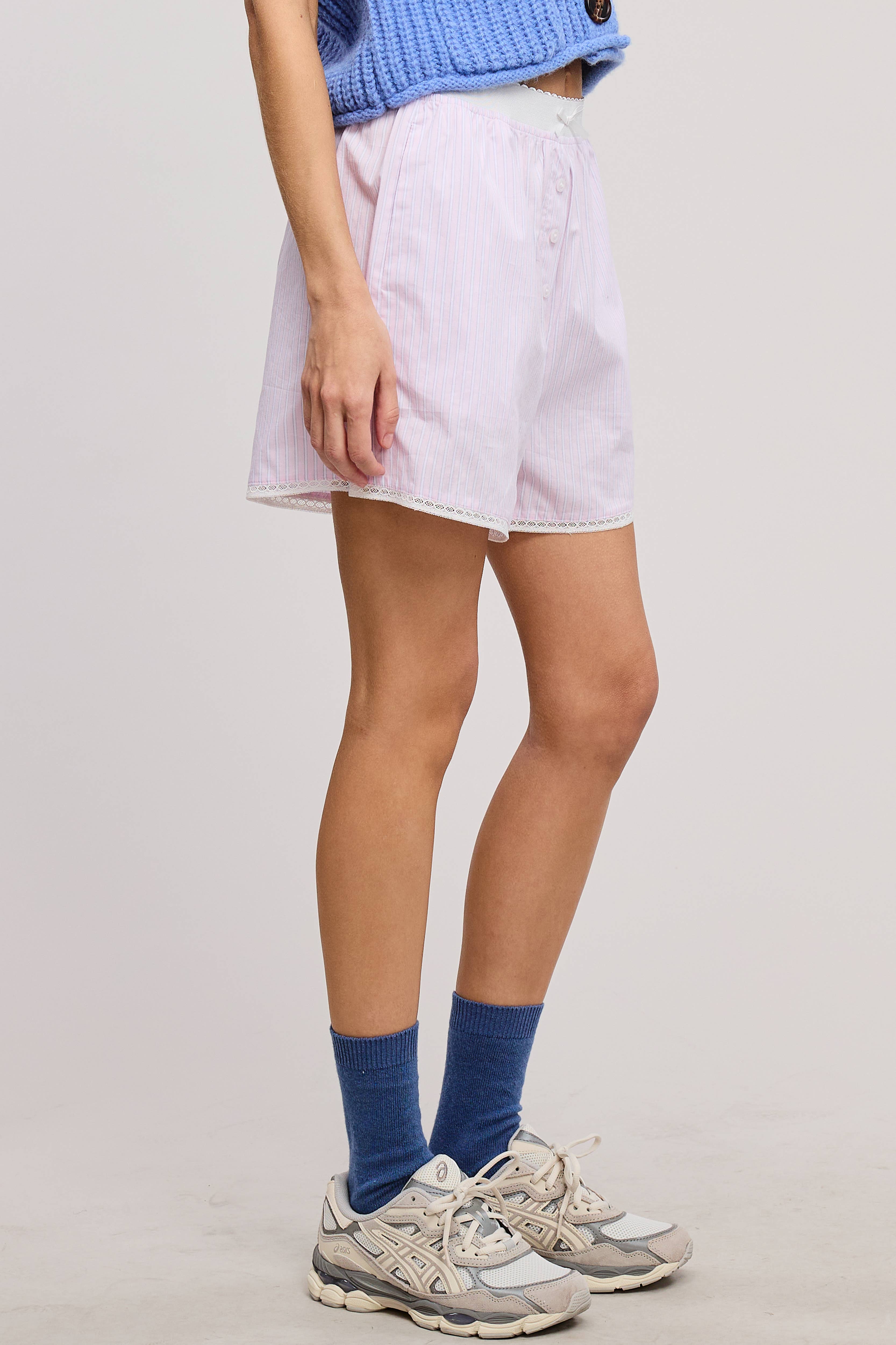 Mimosa - Wholesale Shorts - Women's - Scalloped Lace Hem Striped Boxer Style Shorts21