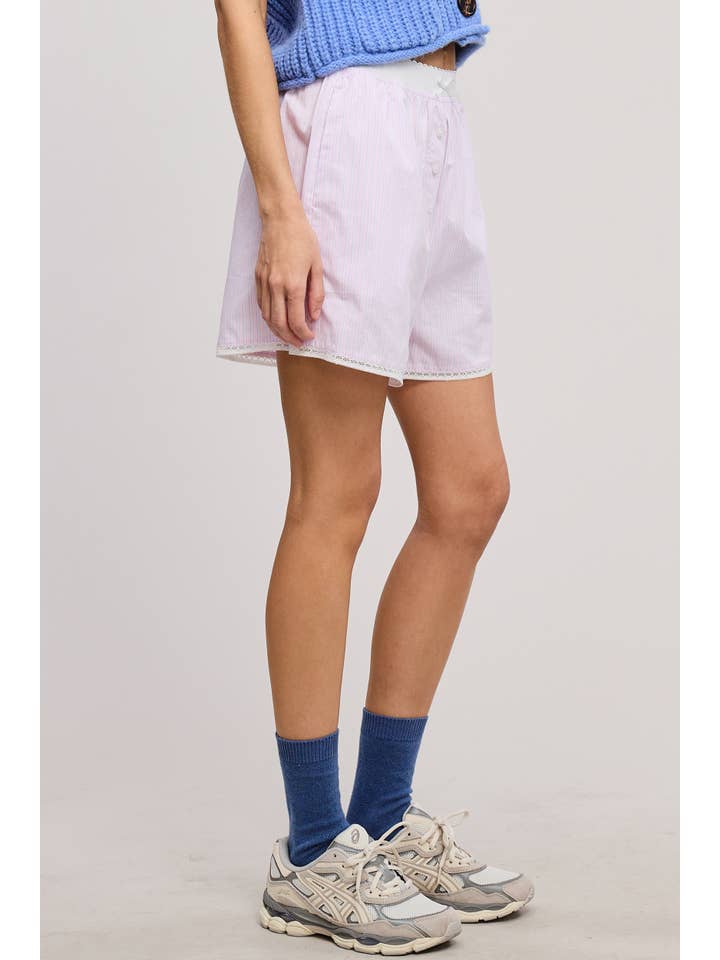 Mimosa - Wholesale Shorts - Women's - Scalloped Lace Hem Striped Boxer Style Shorts21