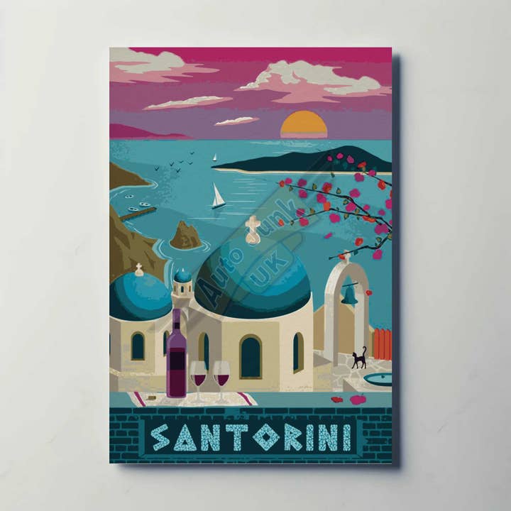 Poster in metallo Santorini Grecia per la vendita all'ingrosso da parte di Auto Junk UK Ltd