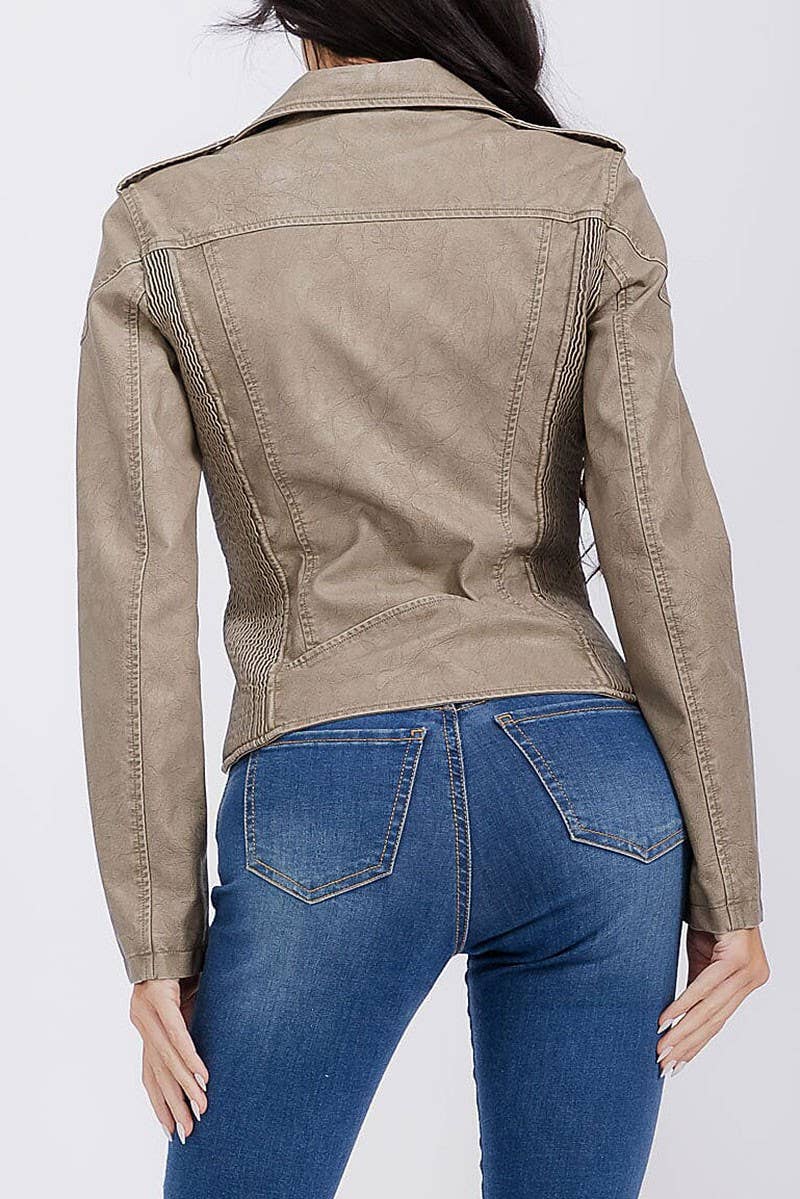 ROUSSEAU - Wholesale Leather Jacket - Women's - SOLID PU PLEATHER ZIP UP DRAPED MOTO JACKET2