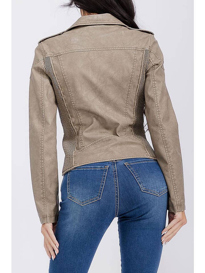 ROUSSEAU - Wholesale Leather Jacket - Women's - SOLID PU PLEATHER ZIP UP DRAPED MOTO JACKET2