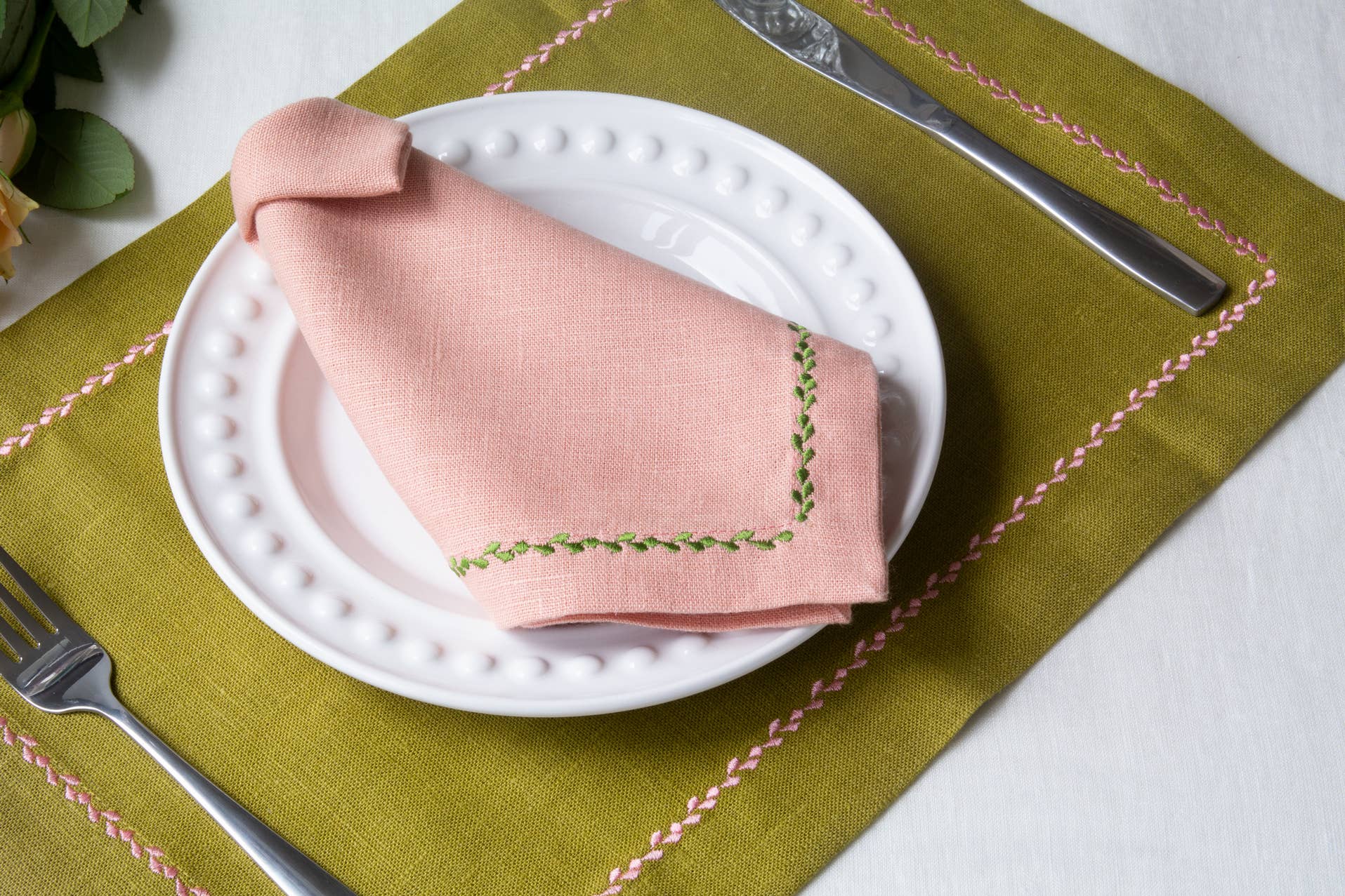 Liem Home – wholesale Placemat – Linen Placemats with embroidery edging. 100% Linen. Custom!1
