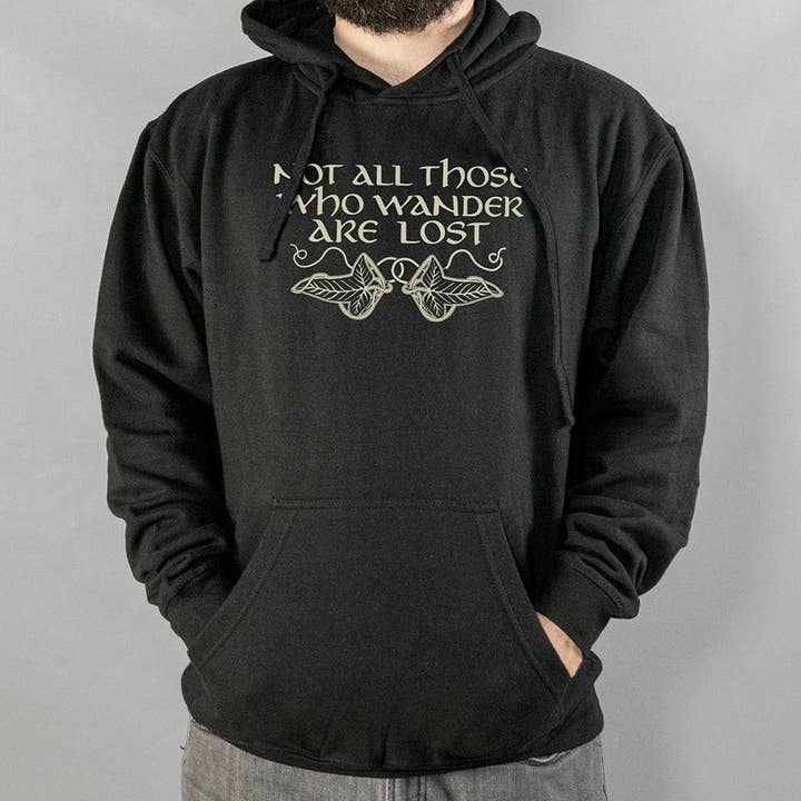 Black Those Who Wander Hoodie for wholesale on Faire