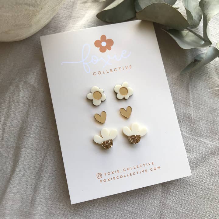 Foxie Collective - Wholesale Jewelry Set - Stud Pack Trio #3 | Cream + Gold | WHOLESALE
