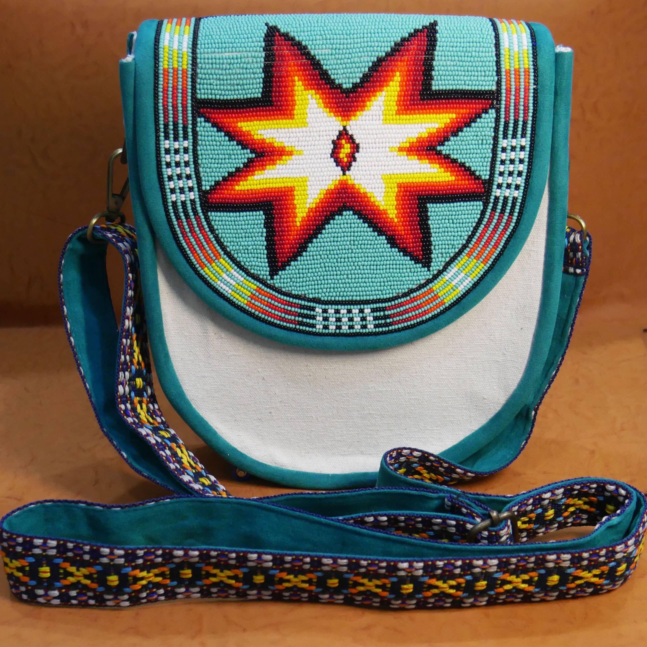 KANGURAH - Wholesale Crossbody Bag - Unisex - Black Bear-paw Native American Beaded Canvas Crossbody Bag8