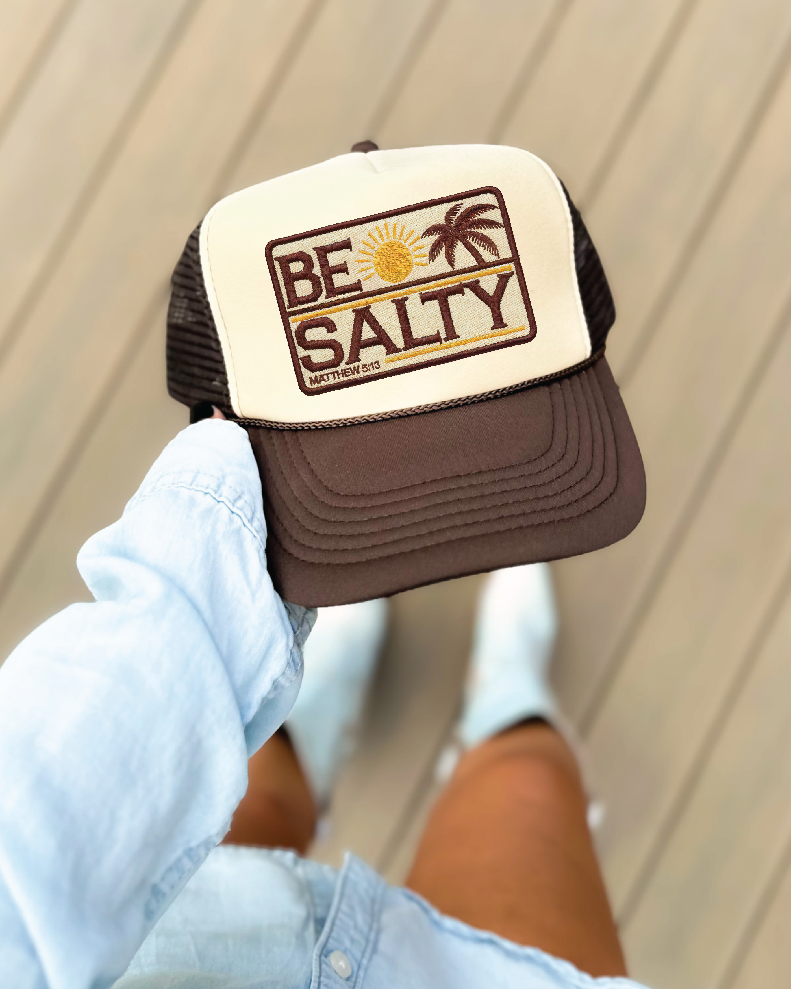 Southern Attitude Designs Inc – wholesale Trucker hat – Women’s – Be Salty DTF Printed Brown and Tan Trucker Hat0