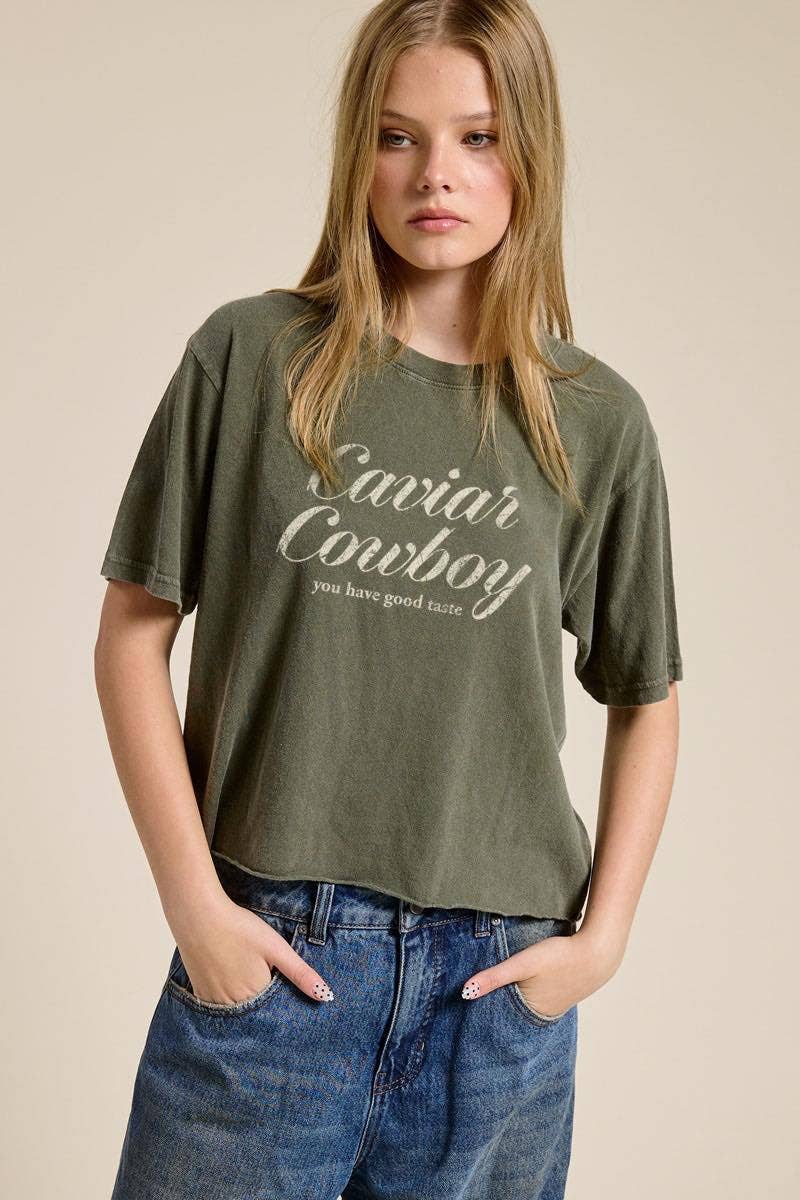 Zutter - Wholesale Screen Printed T-Shirt - Women's - Caviar Cowboy Vintage Graphic Faux Crop Tee