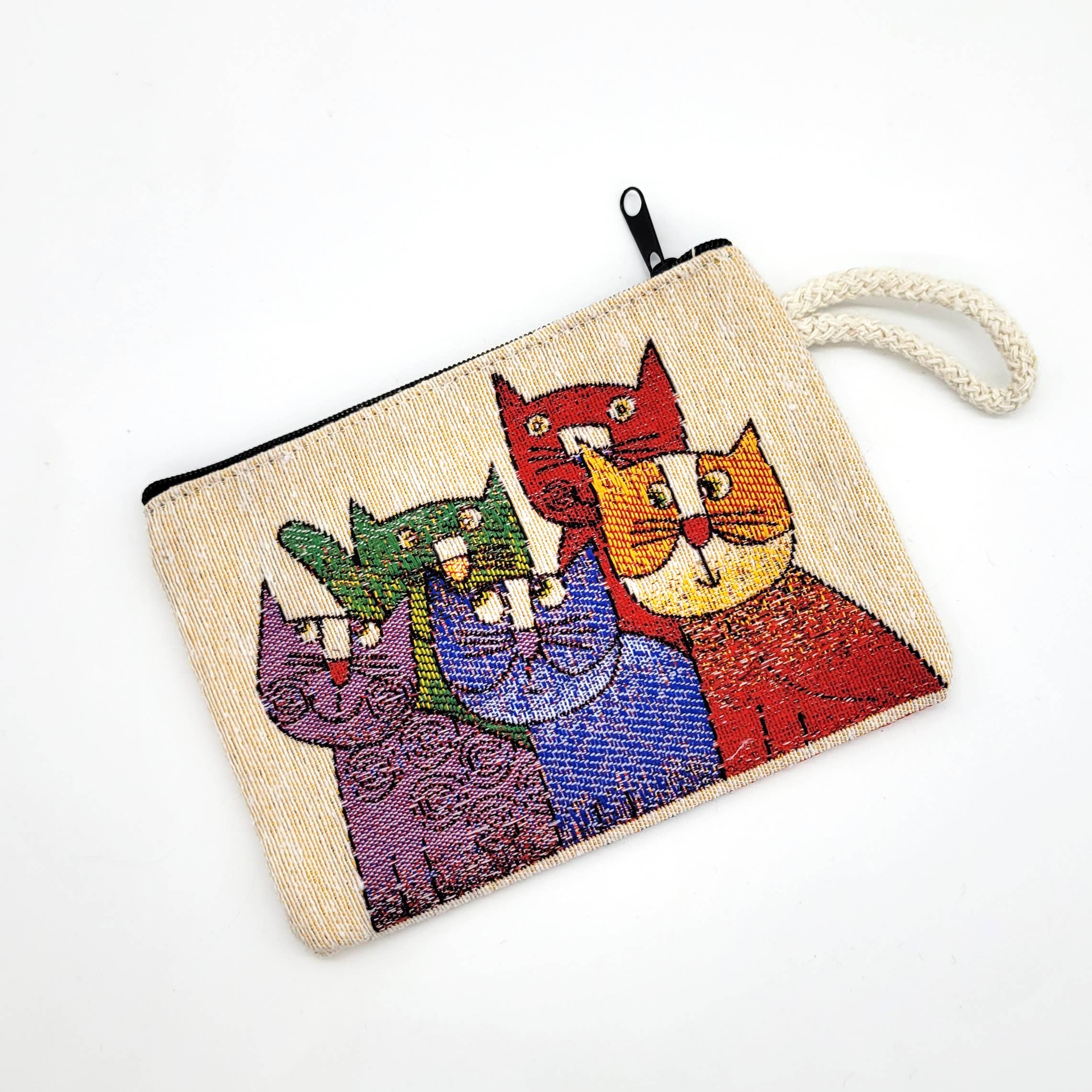 Eclectic Woodchuck – Engroshandel Møntpung - Dame – Lynlås lukket pose vævet bomuldsgobelinstof - kattemønstre0