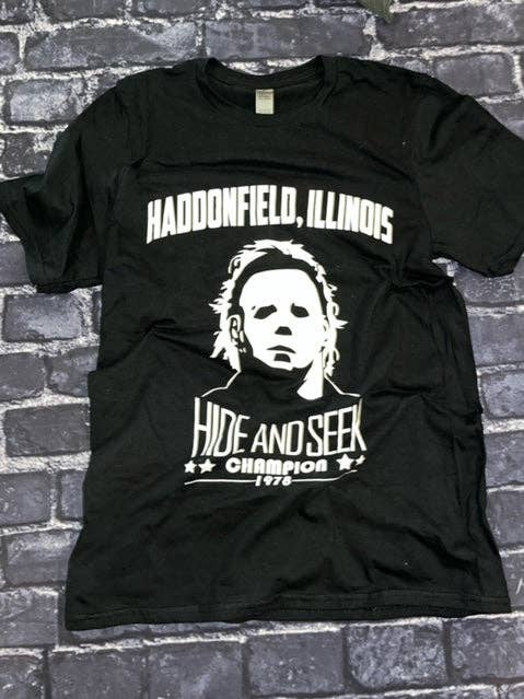 Beer Budget Designs - Wholesale Screen Printed T-Shirt - Unisex - Haddonfield Hide and Seek Champion - Michael Myers0