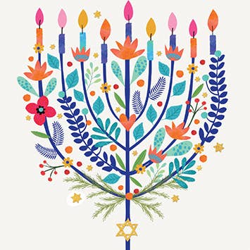 COLORFUL MENORAH HANUKKAH GREETING CARD 4.5 x 6.25" for wholesale by Calypso Cards LLC