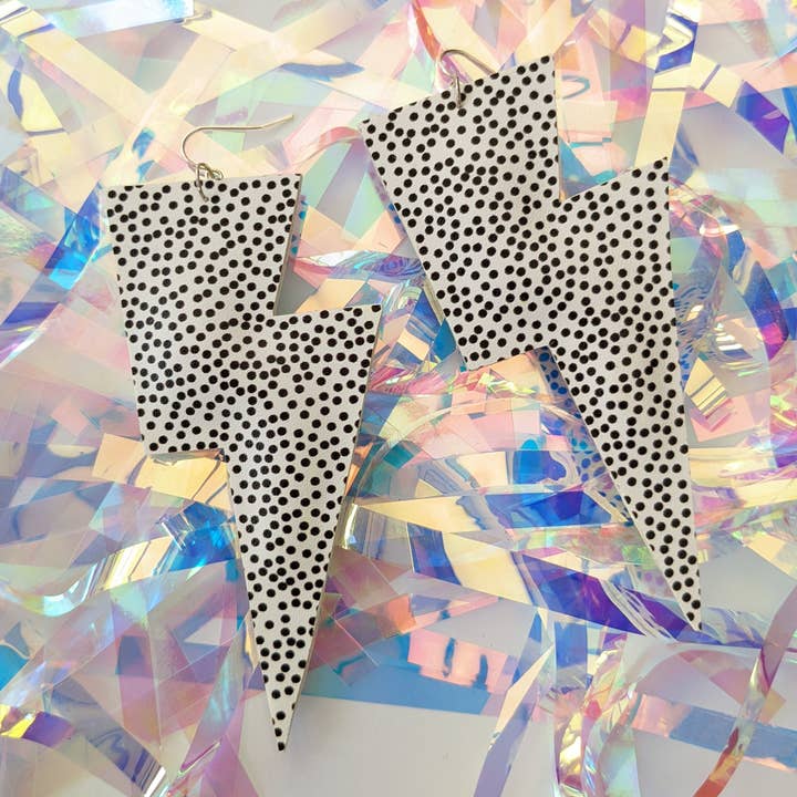 Large Spotty Matte Leatherette Lightning Bolt Earrings for wholesale by All The Discos
