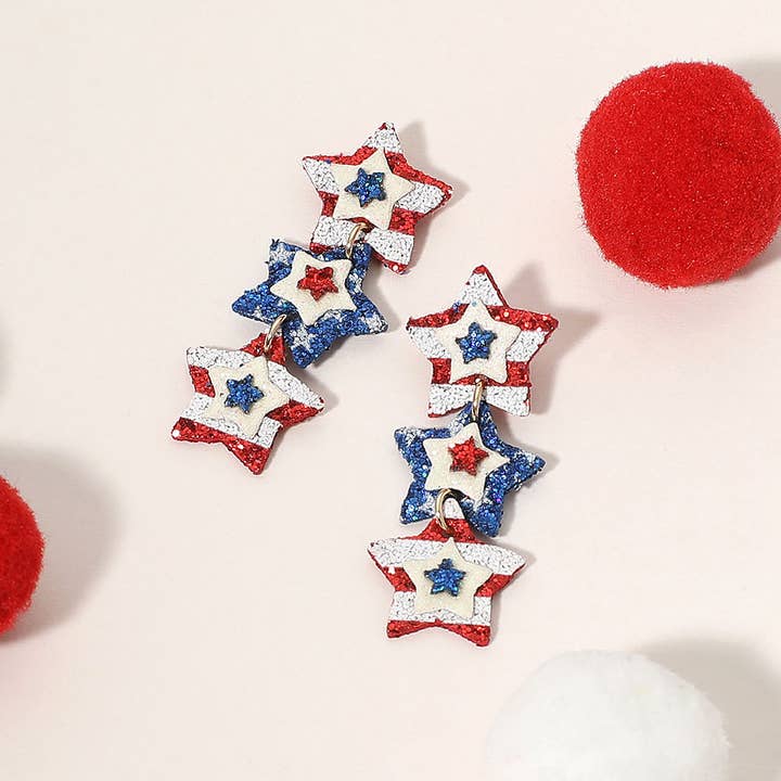 Sensibling Corp. - Wholesale Dangle Earrings - Glittered American USA Flag Triple Star Link Earrings