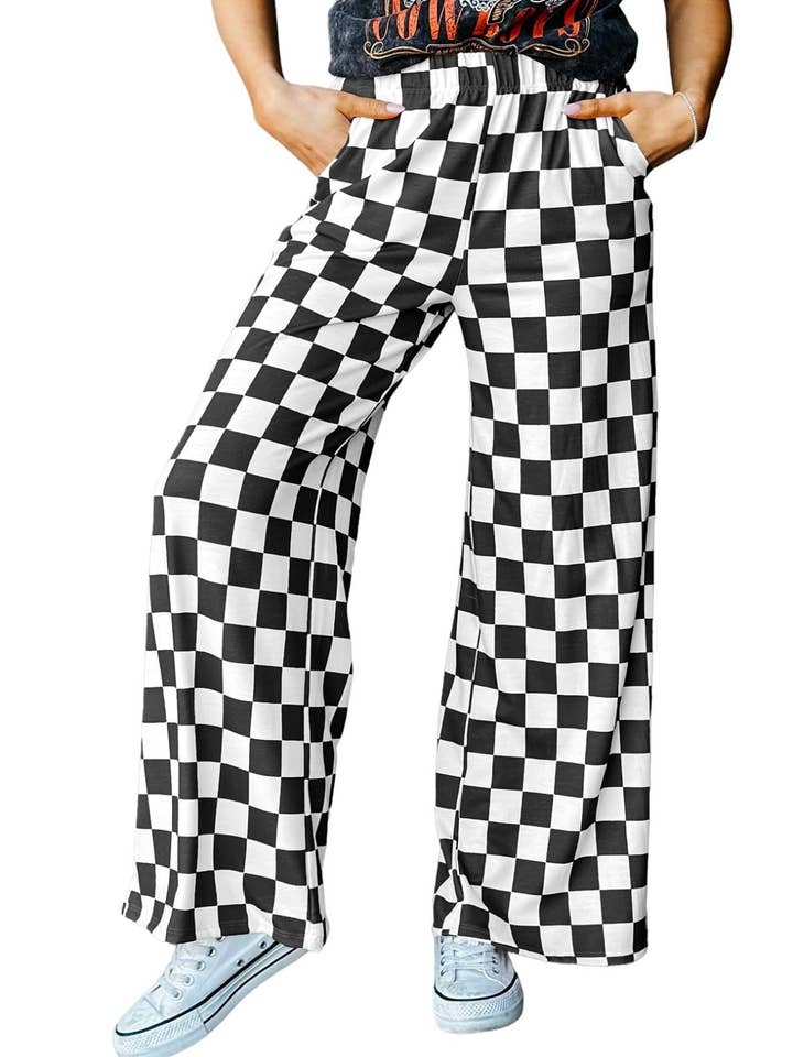 Rosa Clothing - Wholesale Pants - Women's - Casual Plaid Elastic Waist Wide Leg Pants