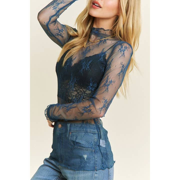 Plus Mesh Lace Mock Neck Design Long Sleeve Fitted for wholesale by Paperdoll