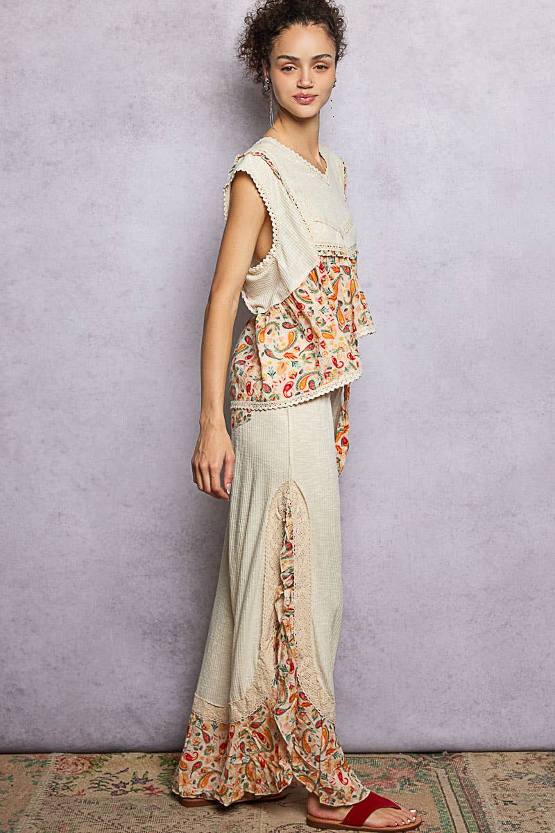 Pol Clothing - Wholesale Pants - Women's - Floral Pattern Ruffle Detail Ribbed Knit Pants26