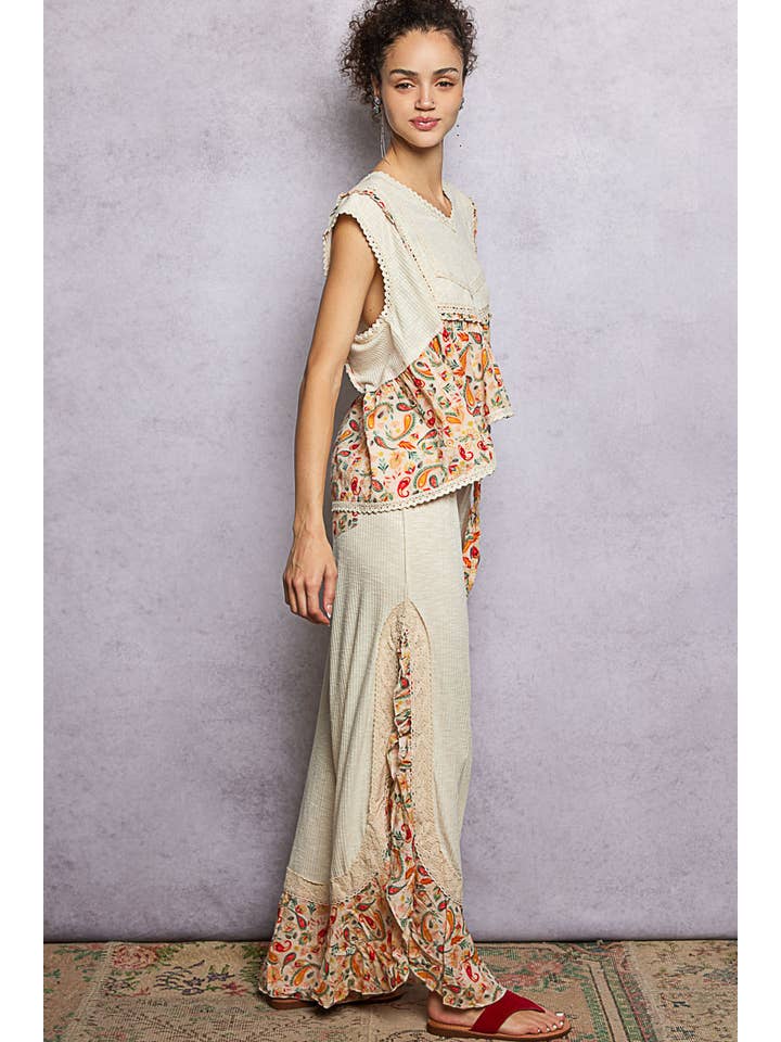 Pol Clothing - Wholesale Pants - Women's - Floral Pattern Ruffle Detail Ribbed Knit Pants26