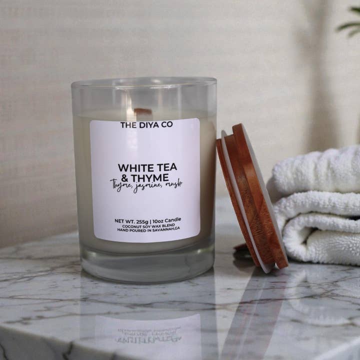 10 oz Hvid Te + Timian | Kokos Soja Lys for engroshandel hos The Diya Co