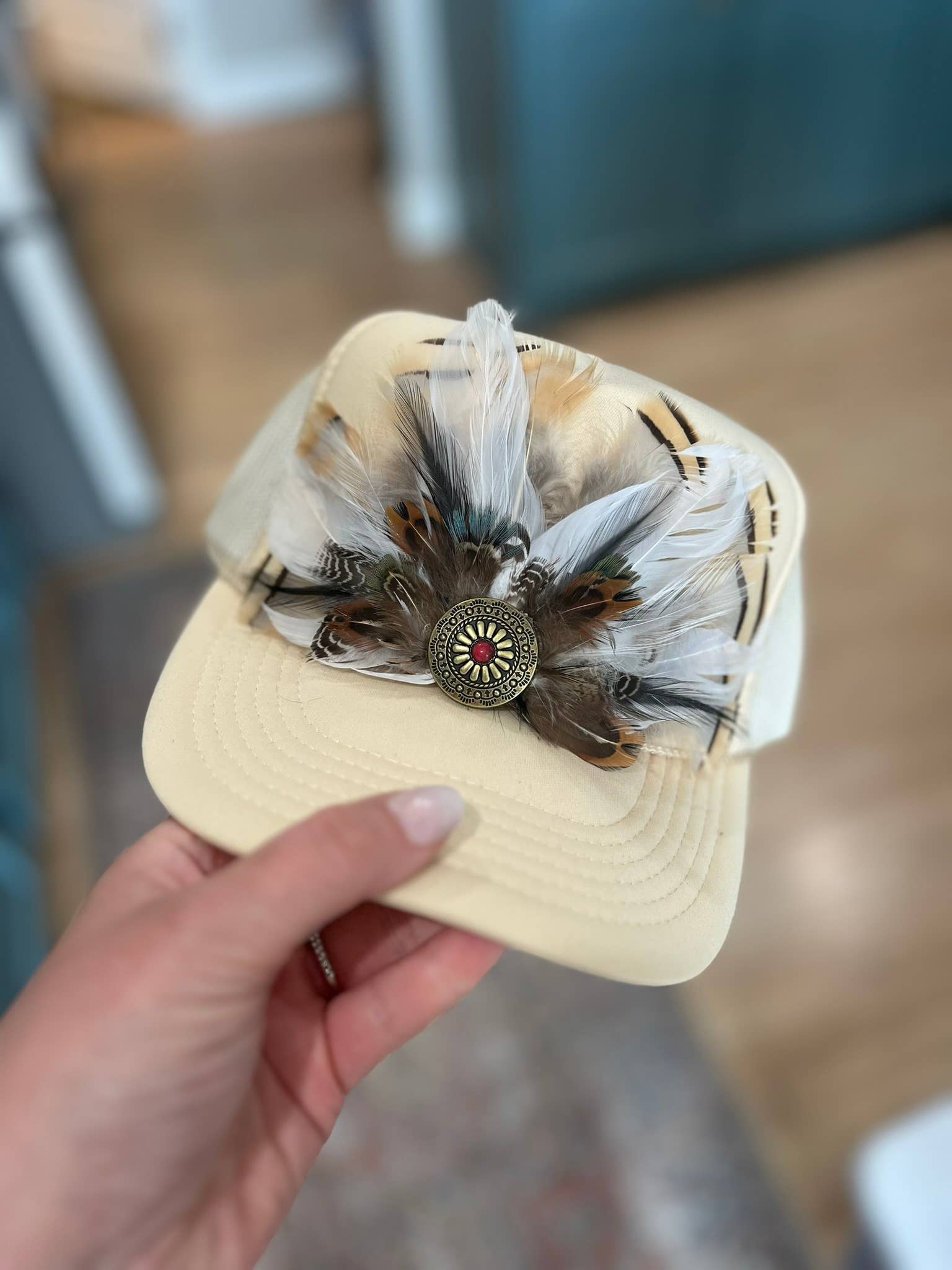 TrendyKeys – wholesale Trucker hat – Women’s – Feather Trucker Hat, Handmade, Unique, One of a Kind0