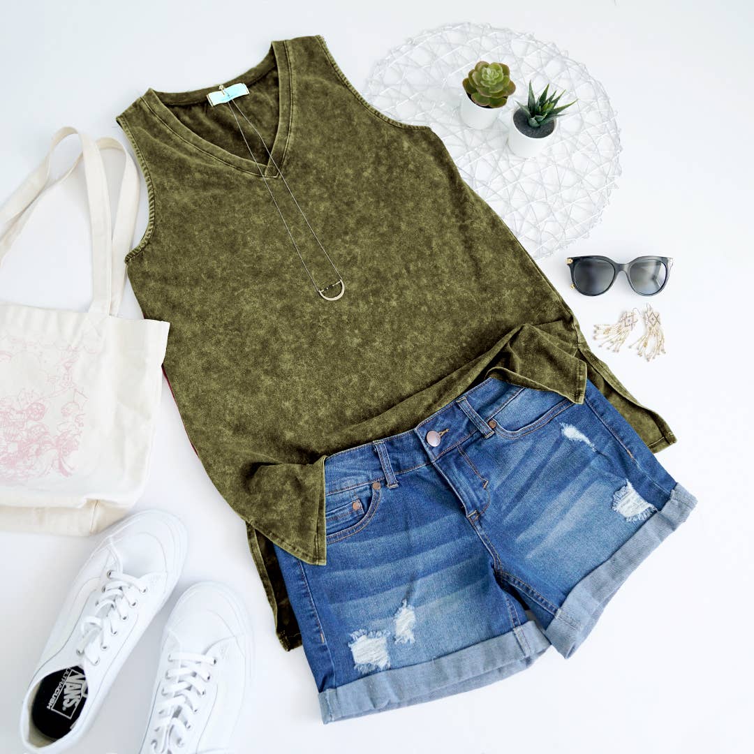 42POPS – wholesale Linne (Tryckt) - Dam – Mineral Wash ärmlös tunika med v-ringning och sidospalt, stor storlek18