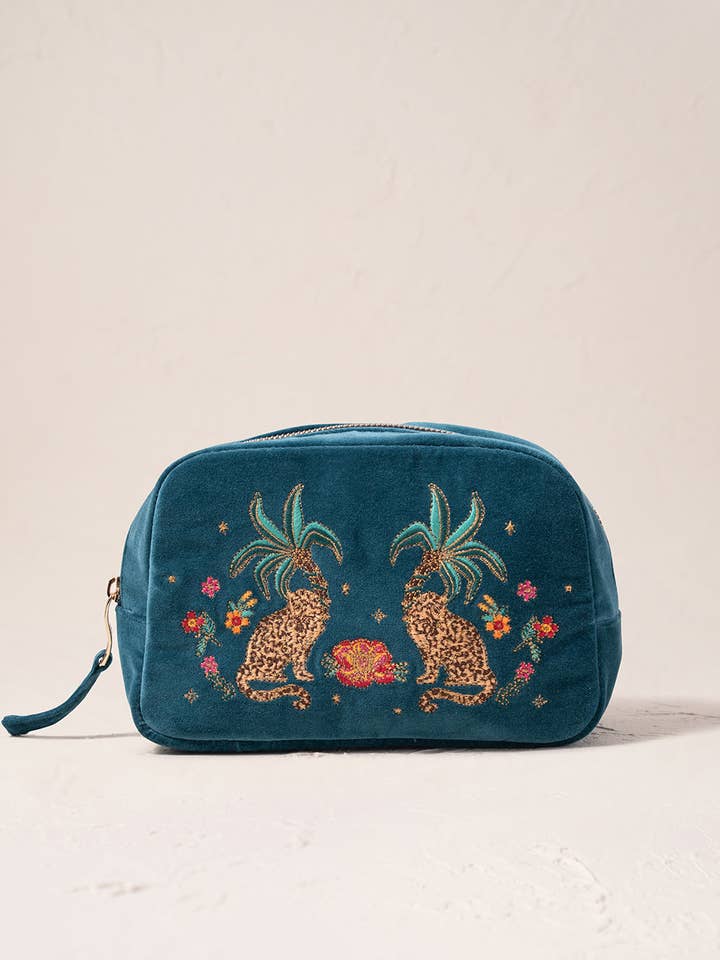 Tropical Paradise Jaguar Velvet Makeup Bag - Rich Blue for wholesale by Elizabeth Scarlett Ltd