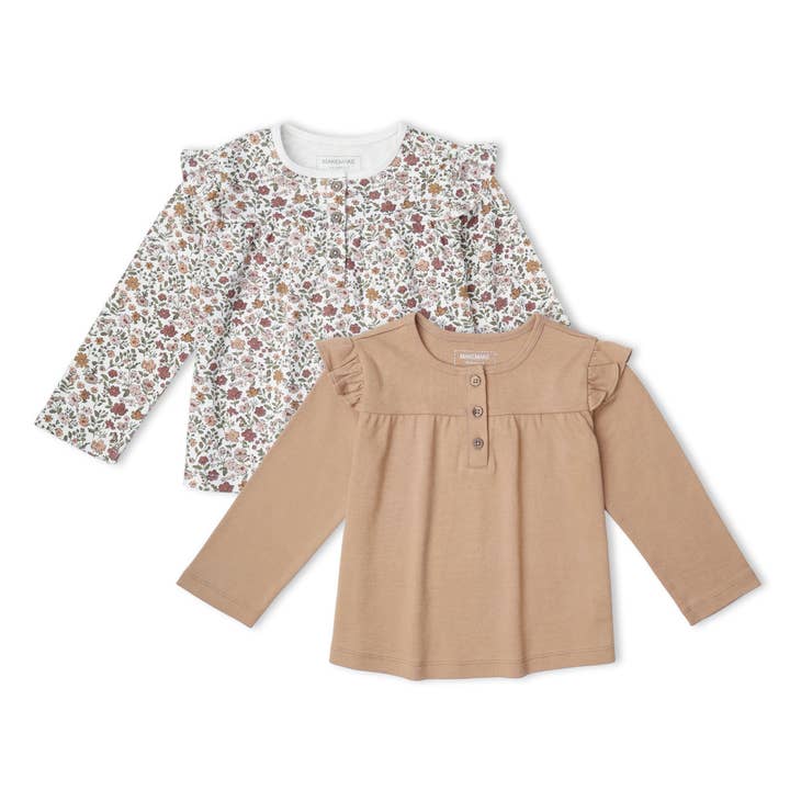 Organic Ruffle Sleeve Top Set of 2 - Woodland Sprig + Taupe for wholesale by Makemake Organics