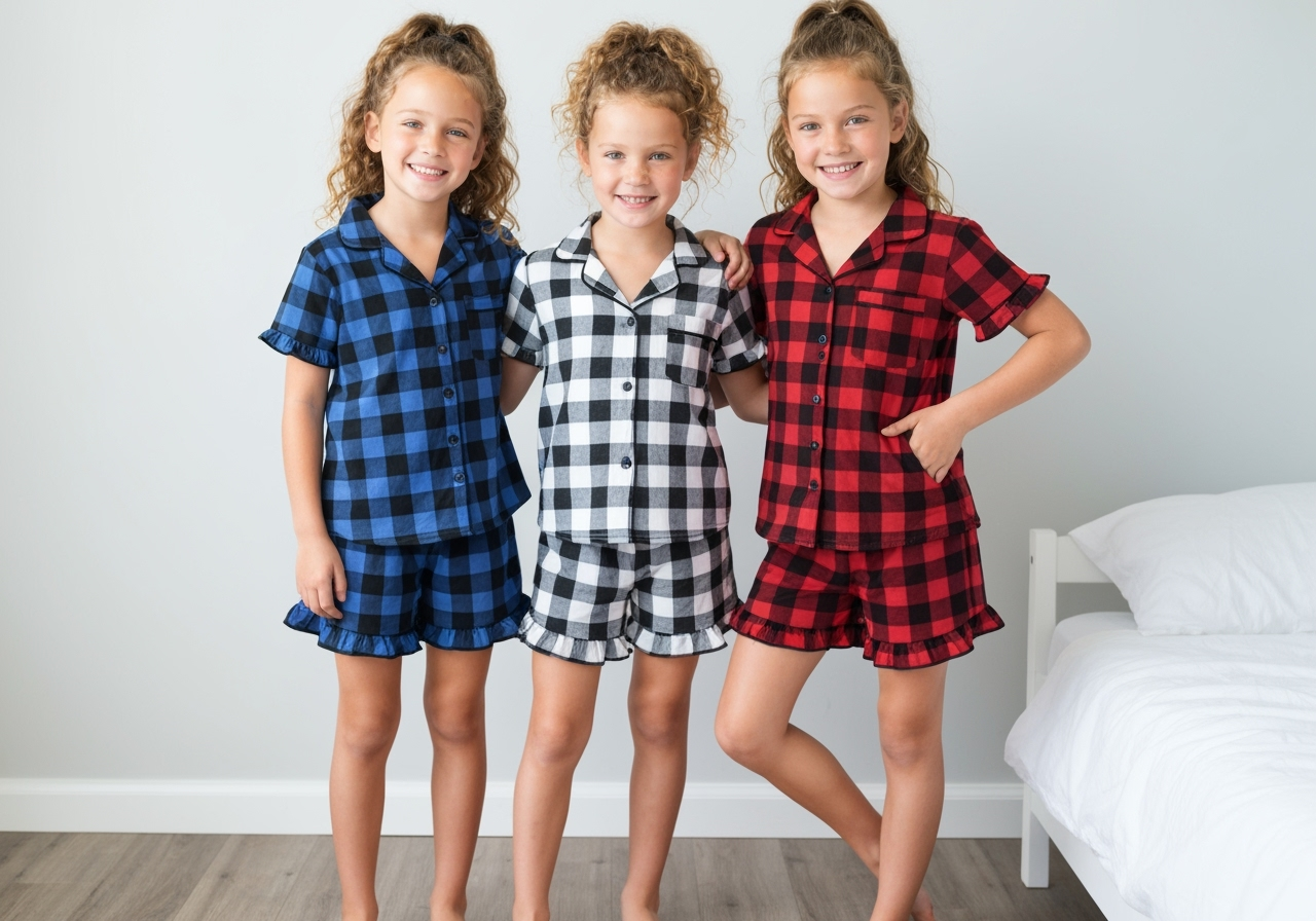 The Blissful – wholesale Sleepwear set – Kids – Kids Personalized Cotton Buffalo Checkered Ruffle PJs Set0