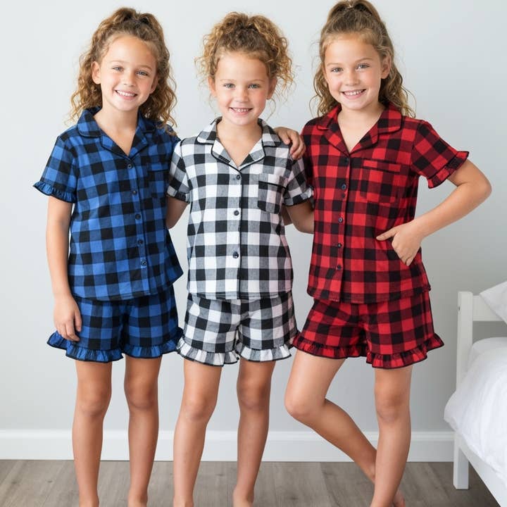 The Blissful – wholesale Sleepwear set – Kids – Kids Personalized Cotton Buffalo Checkered Ruffle PJs Set0