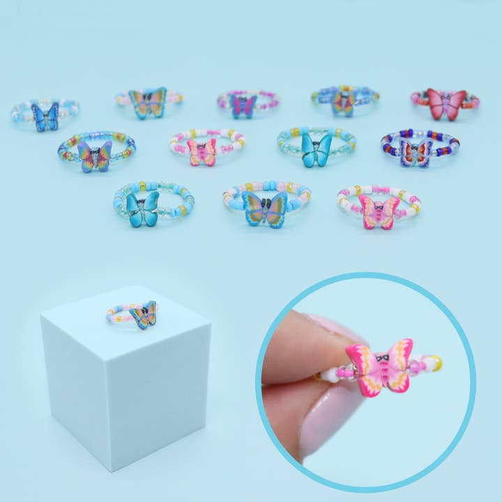 Natalia - Wholesale Jewelry Set - Assorted Boho Fimo Butterfly Rings For Teens- SET 12