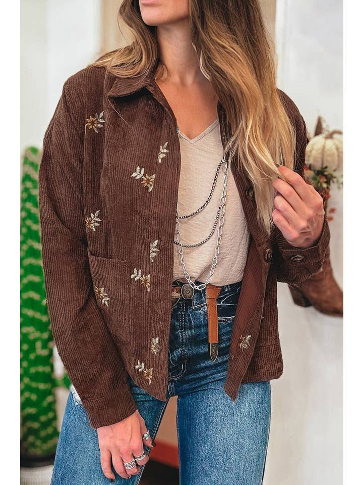 Coffee Floral Corduroy Embroidered Button-Front Jacket for wholesale on Faire2
