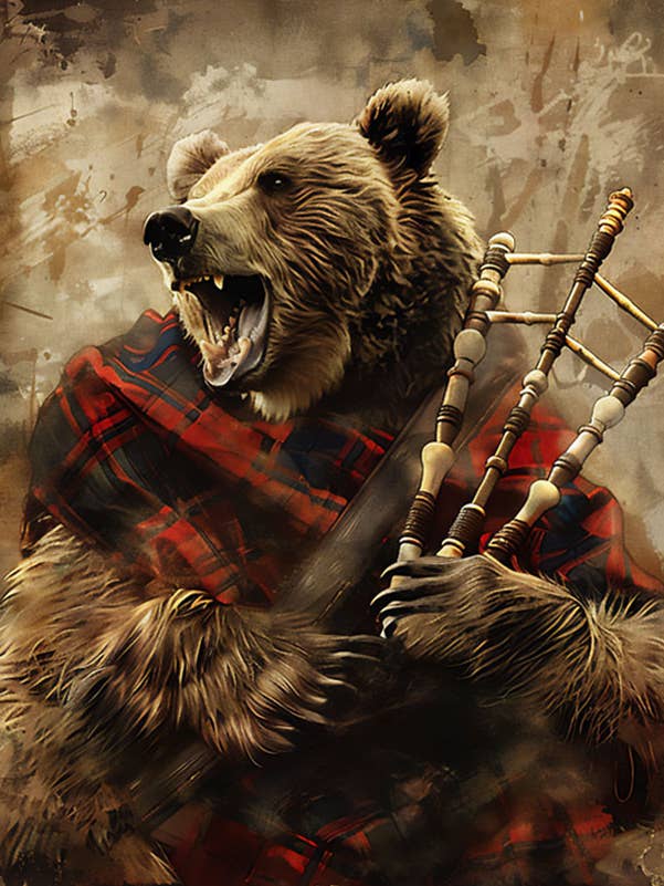 Kunstdruck „Grizzlybär spielt Dudelsack“, 20,3 x 20,3 cm für den Großhandel von Mowbi