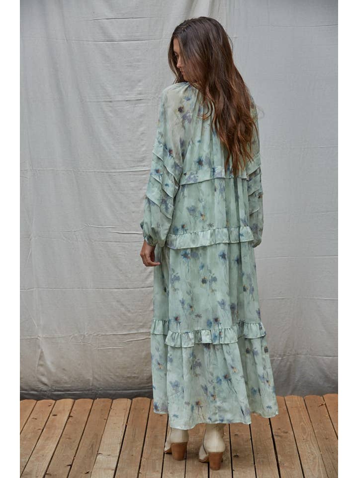 Sage Multi L8813 | Woven Polyester Floral Ruffled Flare Maxi Dress for wholesale on Faire1