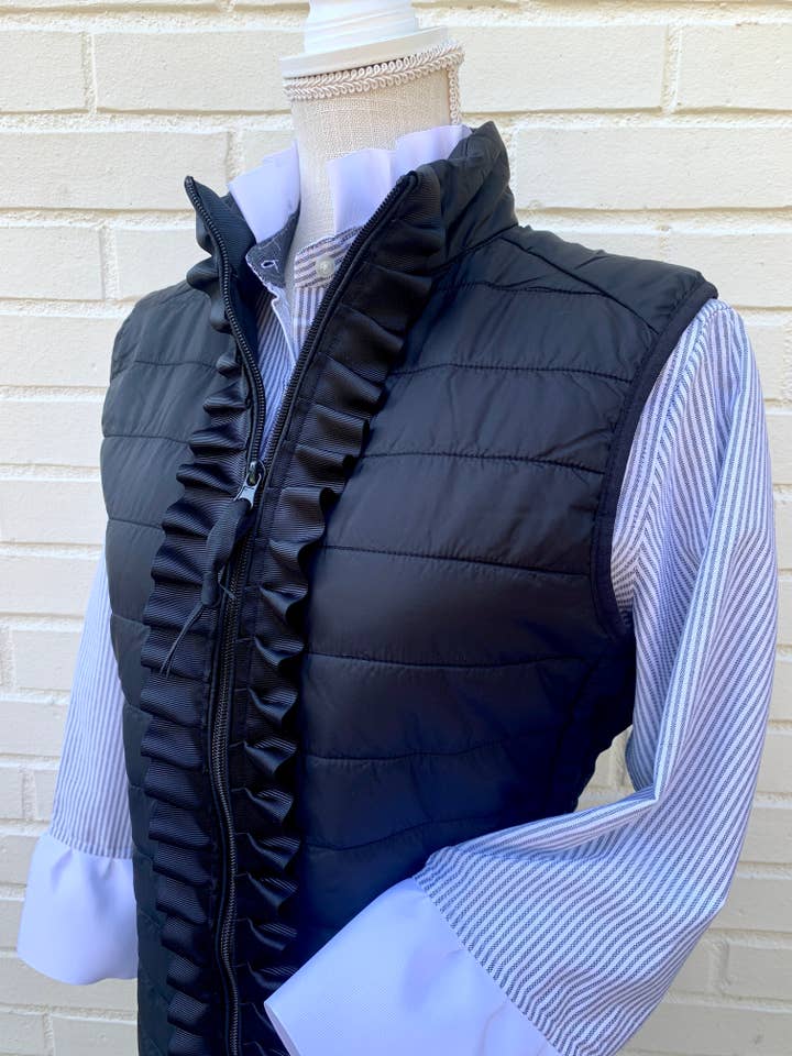 Maggie May Ruffle Puffer Vest - Black w Black Ribbon for wholesale on Faire