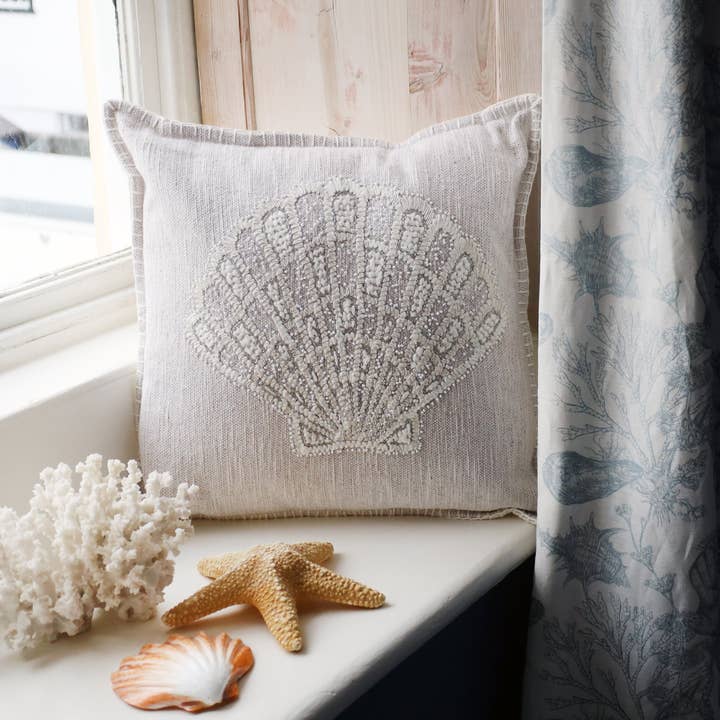 Natural Embroidered Scallop Cotton Cushion Cover for wholesale by Cream Cornwall