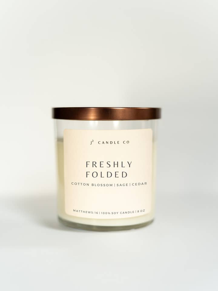 Cotton Blossom + Sage + Cedar Soy Candle - Freshly Folded for wholesale by J Squared Candle Co