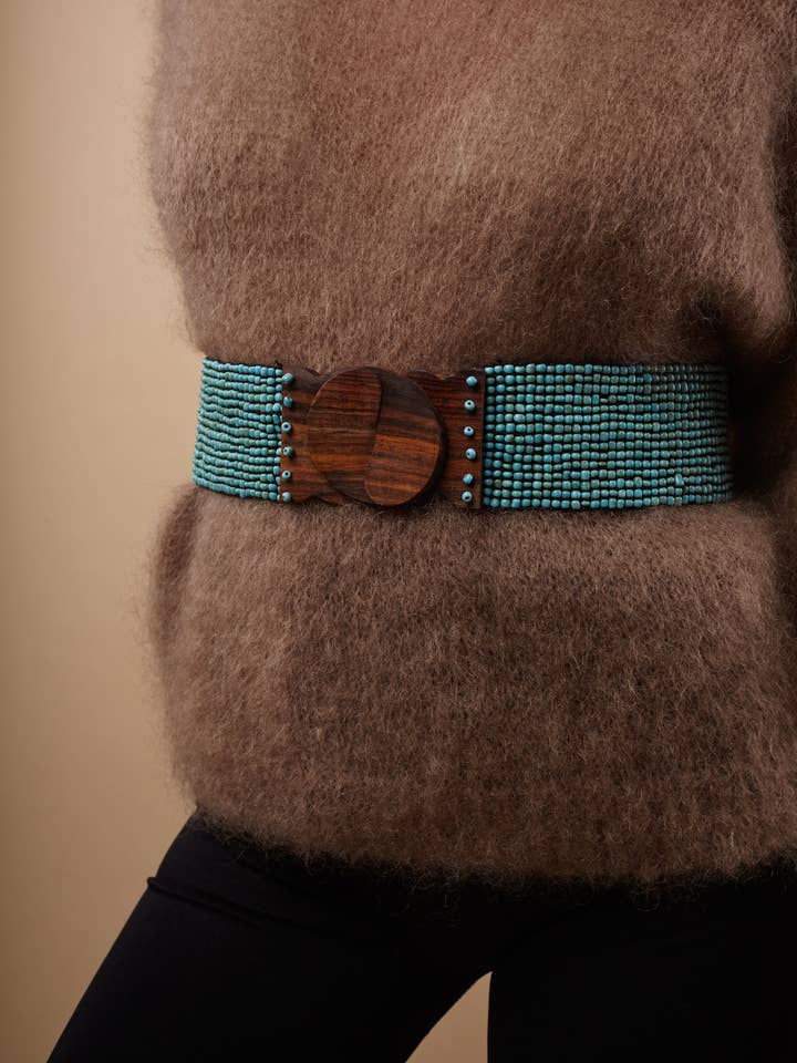 Handmade elastic belt from Bali with glass and wood beads Emma for wholesale by Bijondo