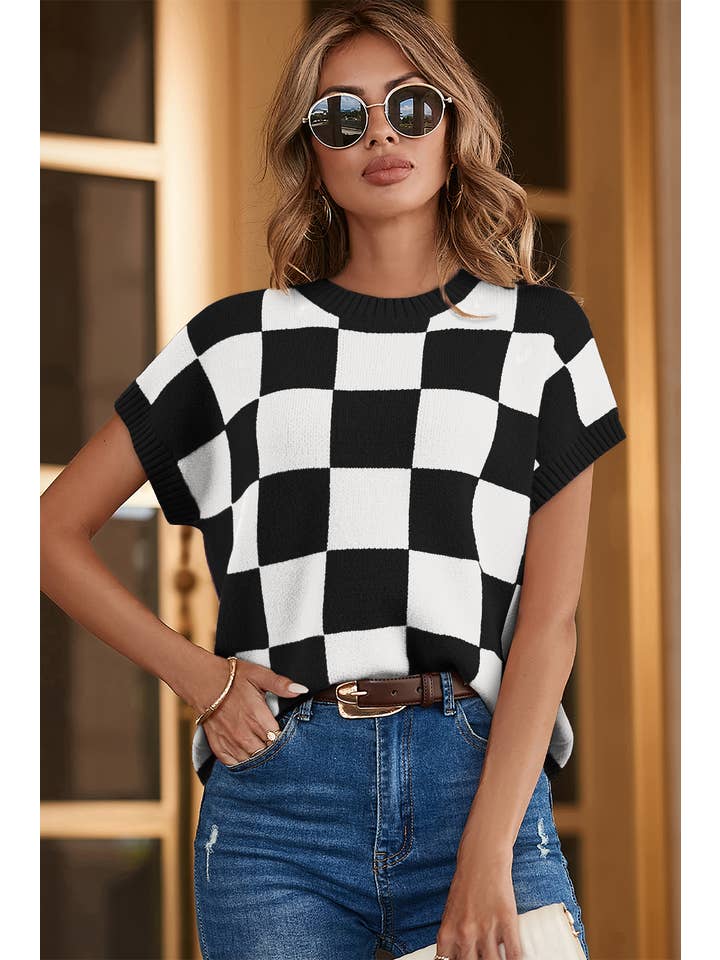 Little Daisy Closet - Wholesale Knit Top - Women's - LDC Colorblock Plaid Pattern Ribbed Trim Sweater Tank Top
