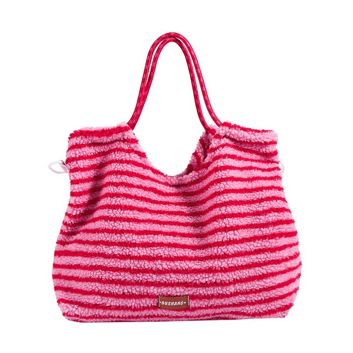 Striped plush large capacity shoulder tote bag for wholesale by Little Trendy