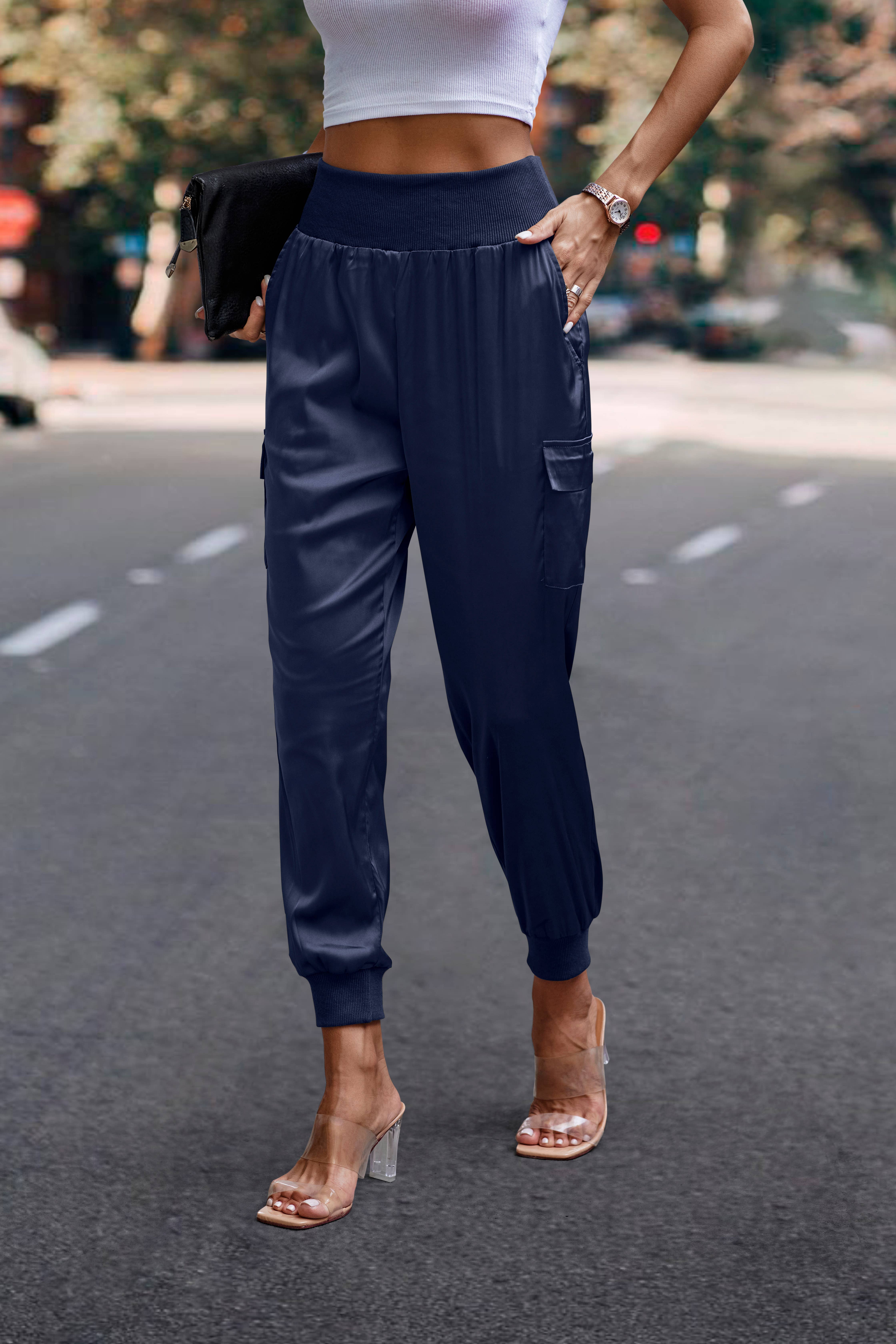 eLook - Wholesale Lounge Sweatpants/Joggers - Women's - SZ1-P0012 Satin Cargo Jogger with Ribbed Waist25