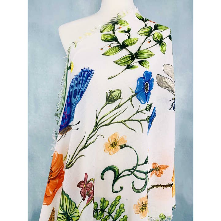 JC Sunny Fashion - Wholesale Scarf - Women's - White-Multi Dragonfly & Floral Scarf/Shawl