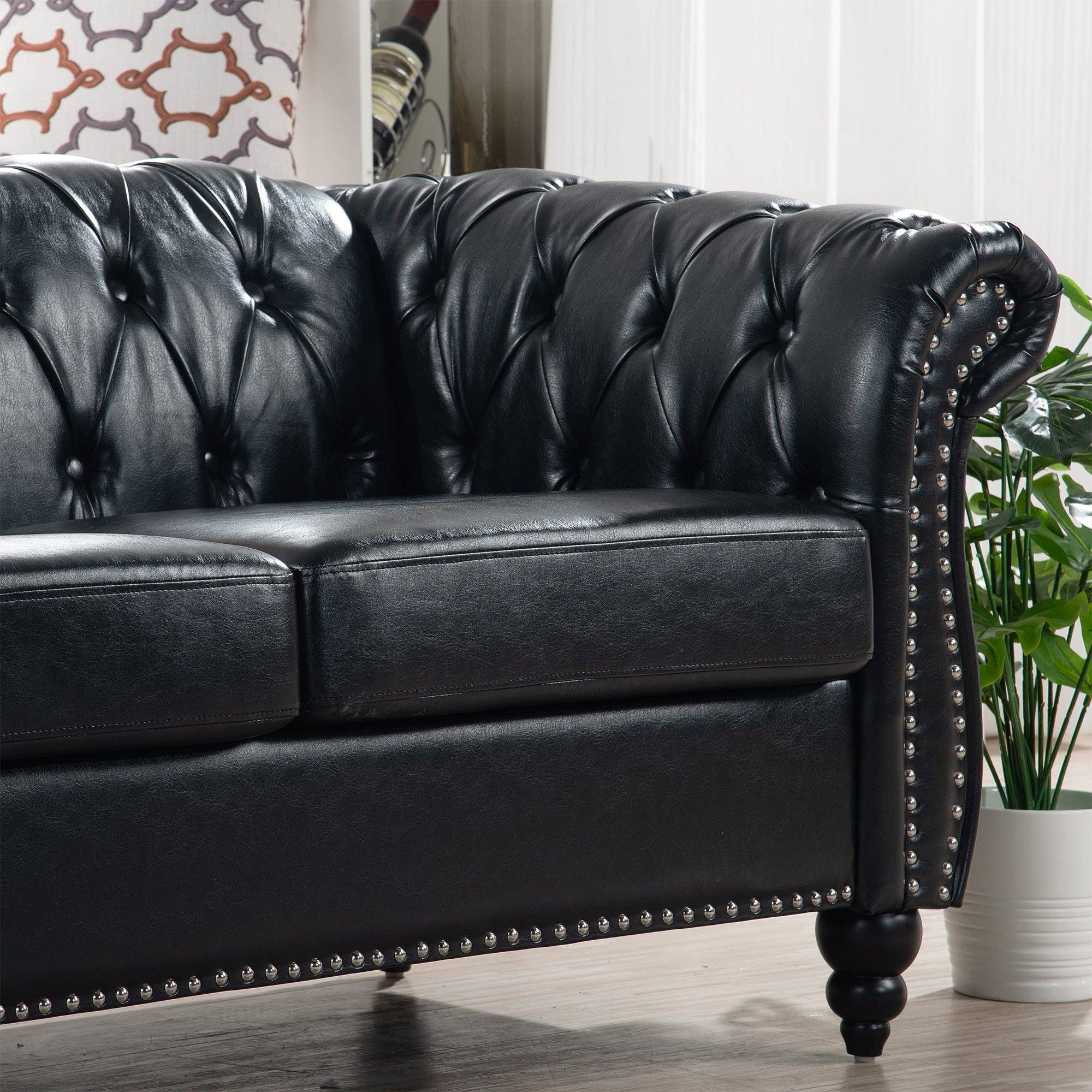 39F Inc. - Wholesale Chair - 84.65''BLACK PU Rolled Arm Chesterfield 3 Seater Sofa,6Color12
