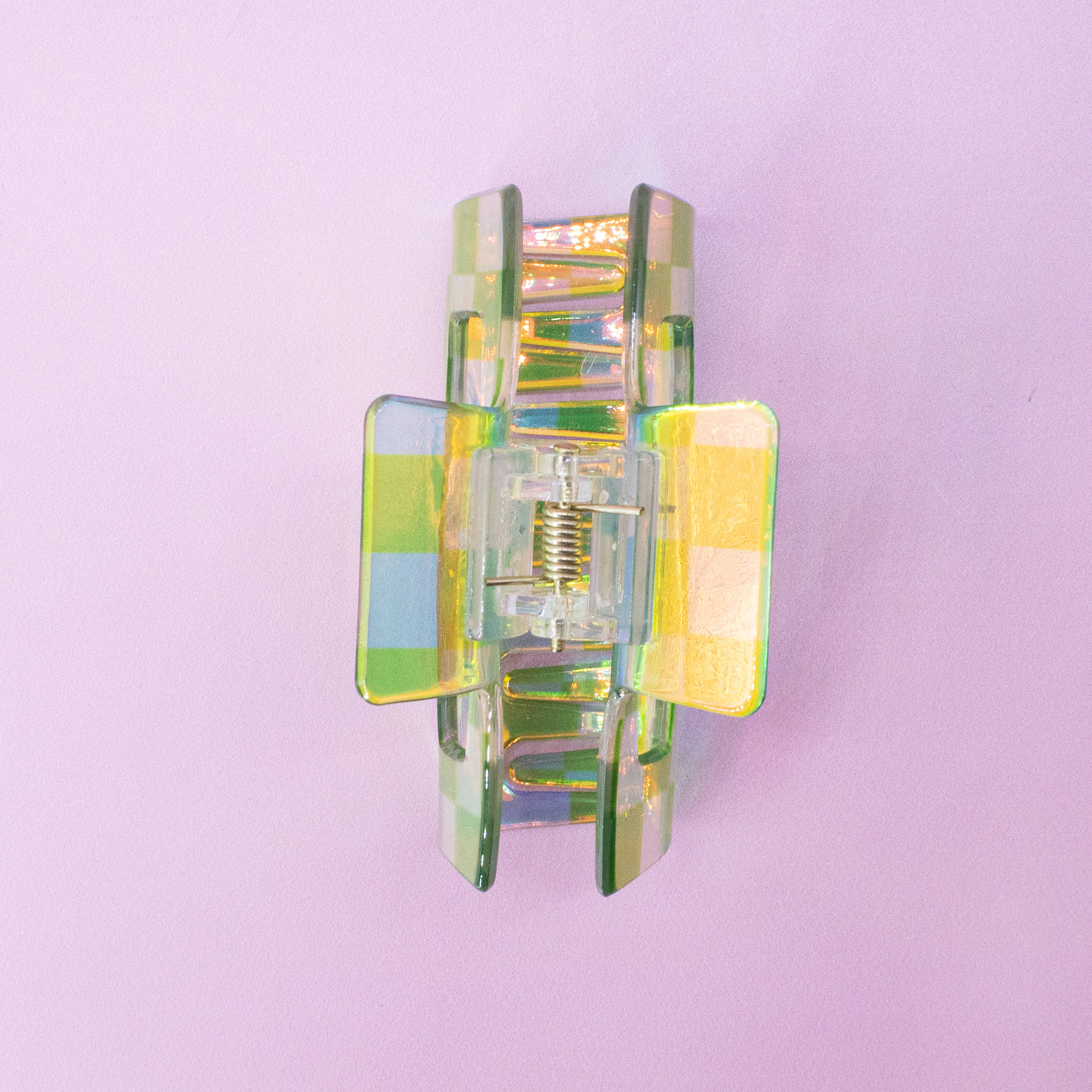 Frog Sac - Wholesale Hair Clip - Women's - Medium Square Iridescent Checkered Hair Claw Clip22