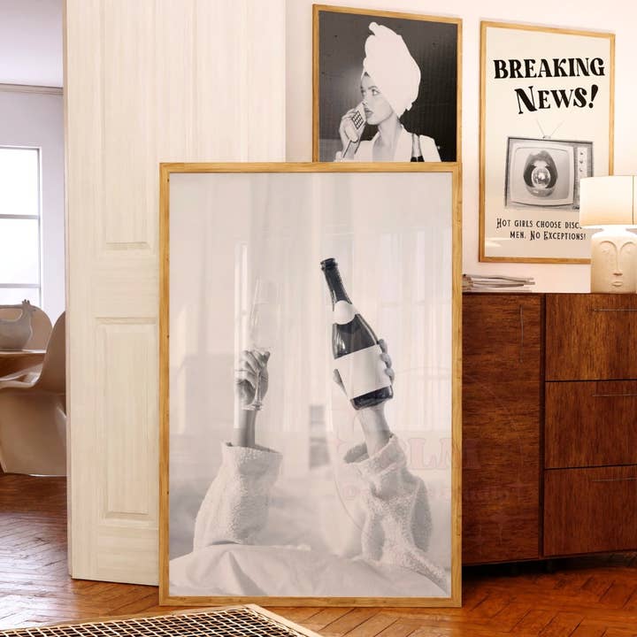 Champagne Problems Bedroom Monotone Wall Art Prints for wholesale by CLM Creative Studio
