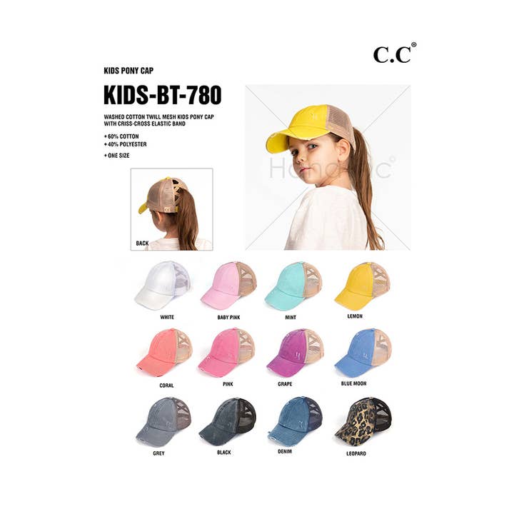 Hana – wholesale Baseball cap – Kids – C.C Kids Washed Denim Elastic Band Crossed Pony Cap25