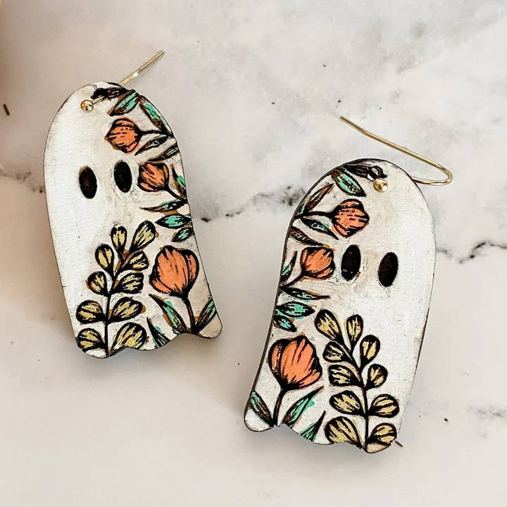 Floral Ghost Halloween Dangle Earrings for wholesale by Natalie Fox Studio