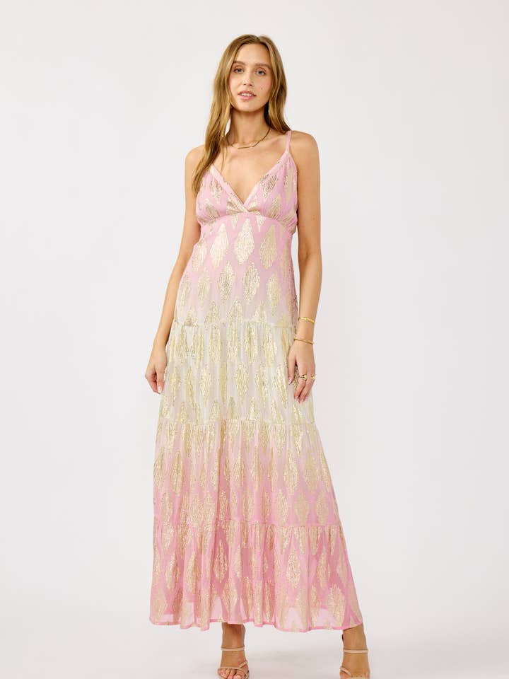 V-Neck Spaghetti Strap Ombre Tiered Maxi Dress for wholesale by Lovestitch