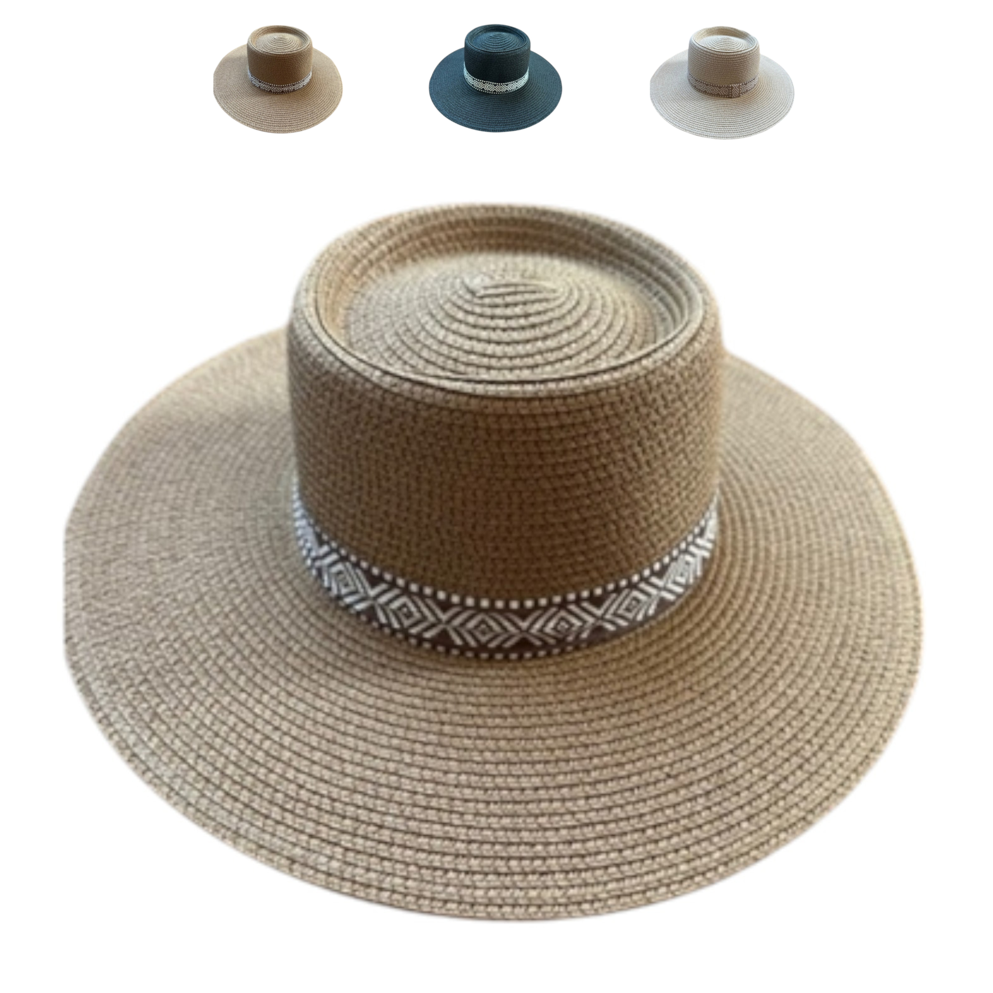 Portia Hat - Wholesale Straw Hat - Women's -  Wide Brim Boater Hat with Jacquard Band3