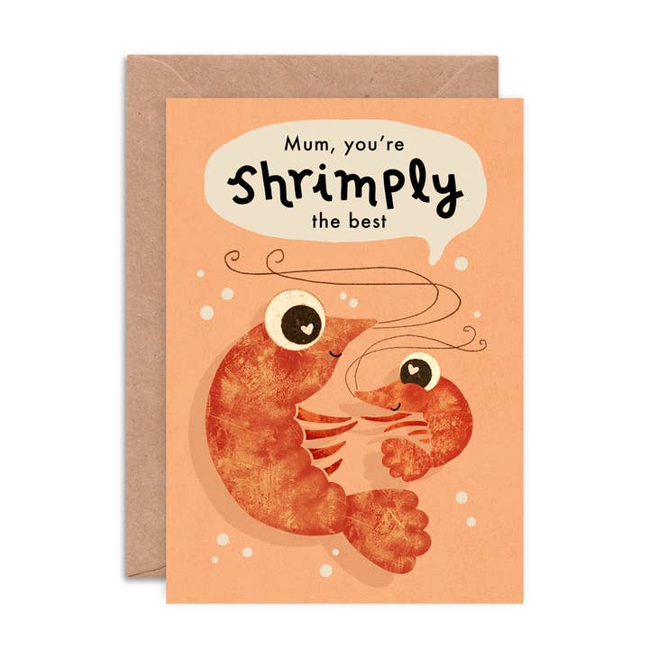 Shrimply the Best Mum Greeting Card- Funny Mother's Day Card for wholesale by Emily Nash Illustration Greeting Cards