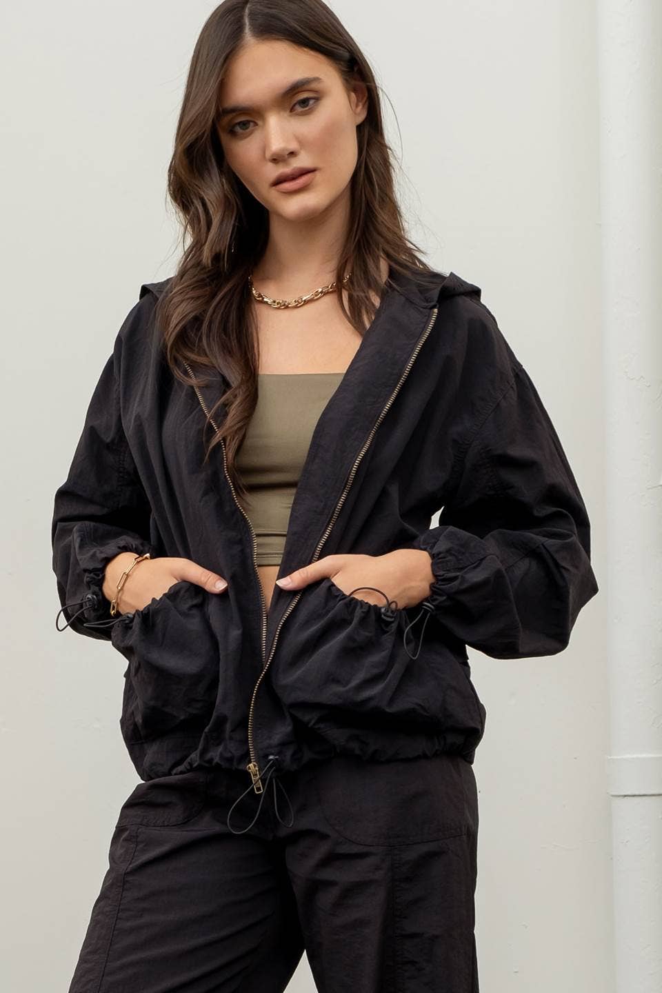 The Workshop Studio - Wholesale Jacket - Women's - ZIP UP DRAWSTRING HOODED JACKET3