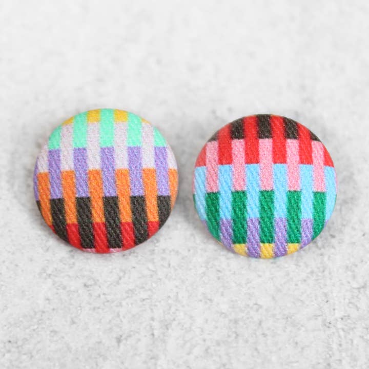 Bold 7/8 Inch Colorful Rectangles Fabric Button Earrings for wholesale by Rachel O's