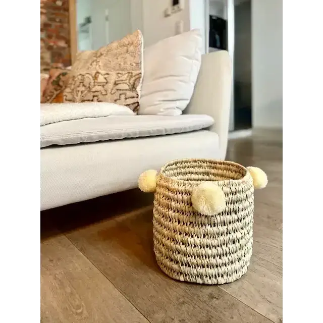High crafty – wholesale Basket – 🧺 Handwoven Palm Leaf Basket with Colorful Wool Pom Poms5